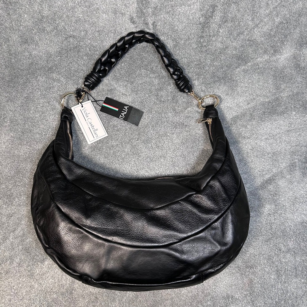 Viola Castellani Purse Black Leather Crescent Shoulder Bag Braided Strap Italy